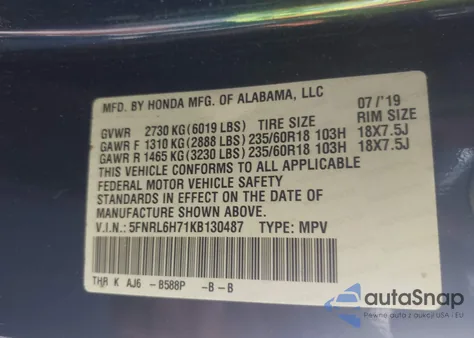 2019 Honda Odyssey Ex-L z USA, uszkodzony, nr VIN 5FNRL6H71KB130487